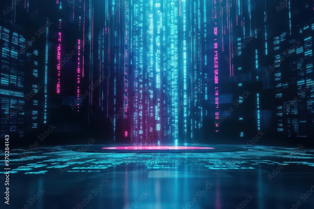 Poster A massive digital waterfall where liquid assets cascade into different types of global financial exchanges