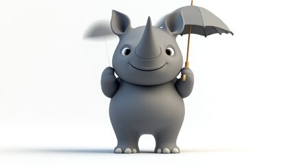 A cute cartoon rhinoceros holding a small umbrella, exuding a cheerful demeanor.