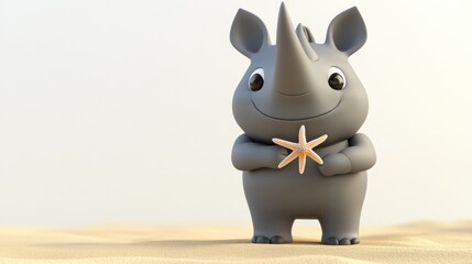 Fototapeta premium A cute cartoon rhinoceros holding a starfish in a sandy environment.