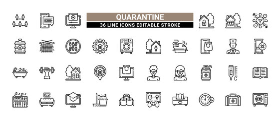36 Quarantine Line Icons Set Pack Editable Stroke Vector Illustration.