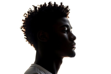 Dark silhouette of young african american man on white background, side view.