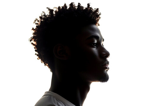 Dark silhouette of young african american man on white background, side view.