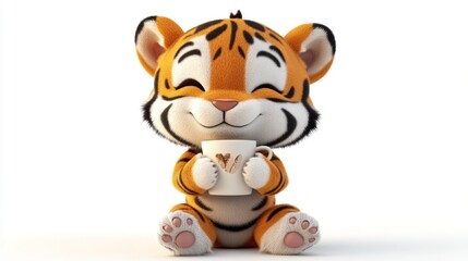 Naklejka premium A cute cartoon tiger character joyfully holding a coffee cup, exuding warmth and happiness.