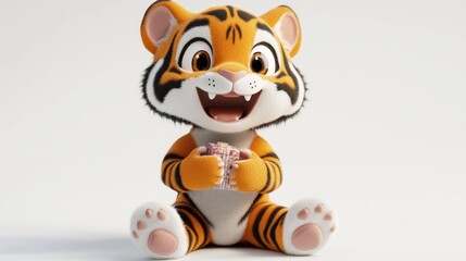 A cute cartoon tiger character sitting and holding a snack with a joyful expression.