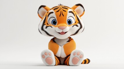 A cute cartoon tiger character sitting happily, designed for children's media or toys.