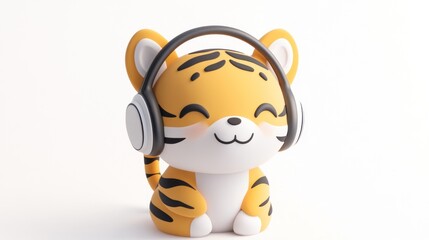 Obraz premium A cute cartoon tiger wearing headphones, smiling and enjoying music.