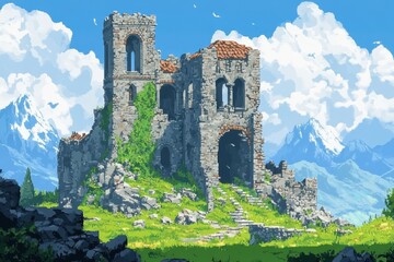 Digital 16-Bit Castle With Crumbling Walls Against Clear Sky Background
