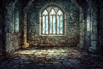 Fototapeta premium Retro 8-Bit Castle Interior with Cracked Stone Walls and Copy Space for Text