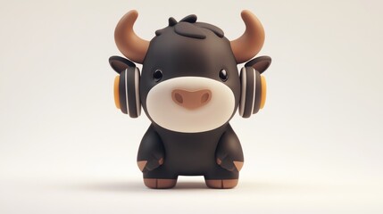 A cute cartoonish black bull wearing headphones, designed for a playful and friendly vibe.