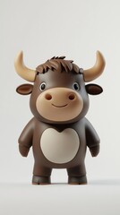 A cute cartoonish brown bull figure with a friendly expression and a heart-shaped belly.