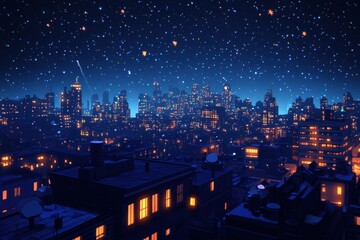 Fototapeta premium Retro 16-Bit Cityscape Rooftop under Starlit Night Sky with Copy Space for Text