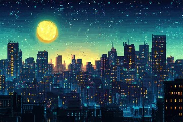 Fototapeta premium Retro 8-Bit Pixelated Cityscape with Glowing Moon in Clear Night Sky