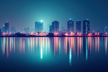 Fototapeta premium Retro 16-Bit Cityscape with Glowing Lights Reflecting in Water, Copy Space in Clear Sky for Text Overlay