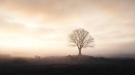A single tree amidst ruins, with broken homes and fallen trees around, captured in a post-apocalyptic watercolor style, muted earth tones, fog rolling in
