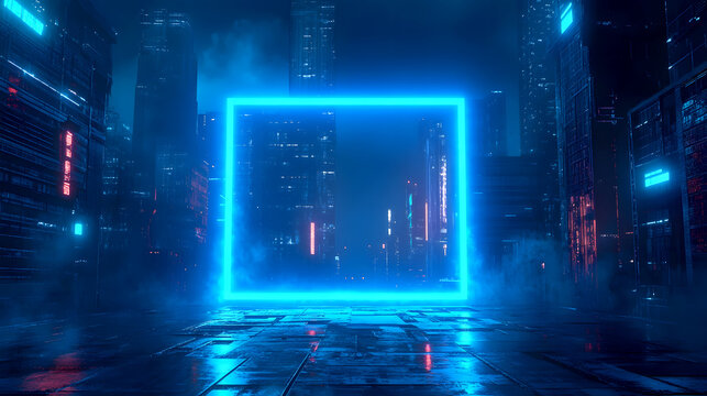 In a futuristic cityscape, the blue square frame glows brightly in the darkness, with skyscrapers barely visible in the background