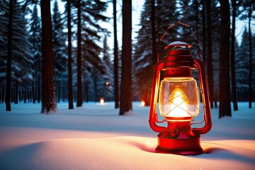 Radiant Christmas Lantern Lighting a Tranquil Winter Forest in Enchanting Holiday Atmosphere