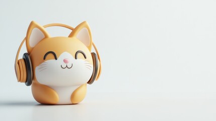 A cute orange cat figurine wearing headphones, smiling joyfully.