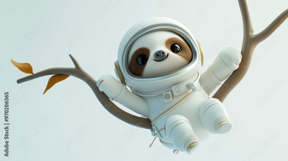 Poster A cute sloth in a spacesuit hanging on a branch, showcasing a whimsical space theme.