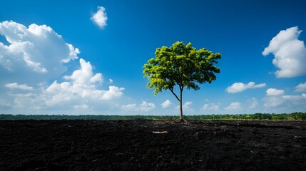Obraz premium A solitary tree defies the destruction around it, standing strong among the ruins of homes and forests, a symbol of nature's resilience