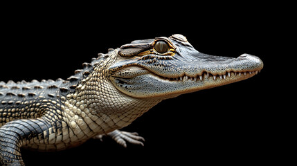 Fototapeta premium Realistic profile of a crocodile with an open mouth on a black background, showcasing the texture of its scales and teeth