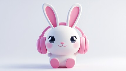 Obraz premium A cute white bunny with pink headphones, designed for playful enjoyment.