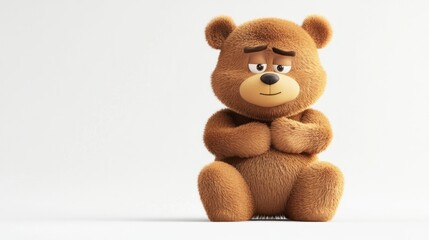 A cute, animated brown bear character sitting and looking contemplative.