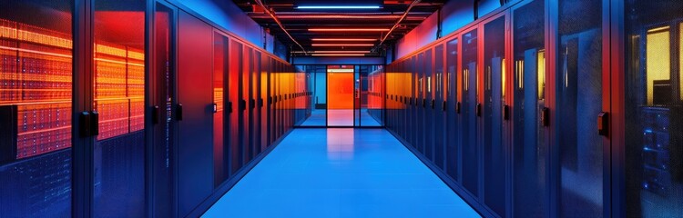Fototapeta premium A long corridor inside a server room with rows of black server cabinets illuminated in red and blue light.