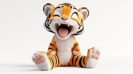 A cute, animated tiger character sitting and laughing joyfully.