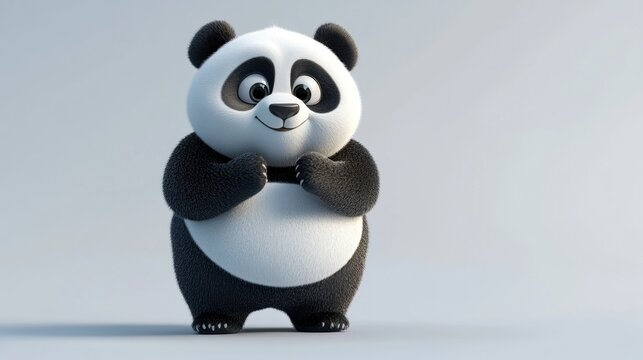 A cute, animated panda character stands with a cheerful expression.