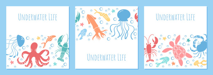 Vibrant cartoon marine creatures swimming in the ocean. Social media background template with underwater world with colorful sea animals and reef life. Freshwater set with playful aquatic elements.