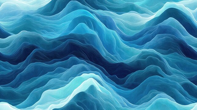 Wavy pattern created by large and thin curved lines in shades of sea water featuring waves in blue cyan azure and turquoise hues