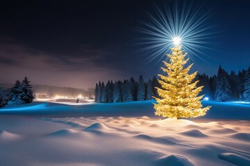 Enchanting Winter Scene Featuring a Glowing Christmas Tree and Sparkling Snow at Night