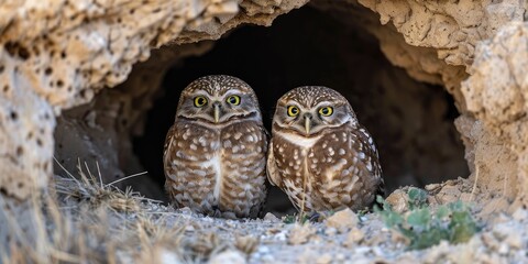 A duo of burrowing owls at the entrance of their home.