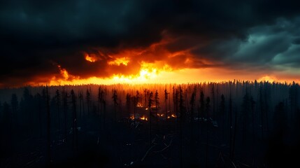 Fototapeta premium Aerial view of disaster-struck forest, broken trees and destroyed homes beneath a dark, stormy sky, detailed, realistic, muted colors, digital painting
