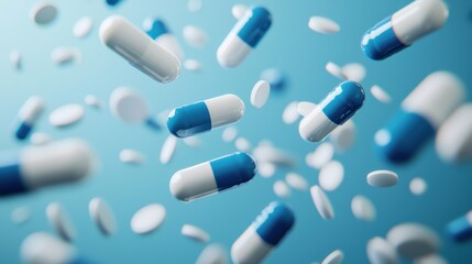 Assortment of Colorful Medication Capsules and Pills on Turquoise Background