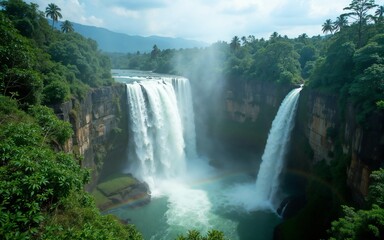 Fototapeta premium A stunning waterfall cascades down surrounded by lush tropical greenery, creating a picturesque scene, enhanced by a rainbow forming at the base on a bright day.