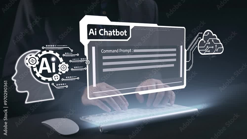 Poster human interact with ai artificial intelligence virtual assistant chatbot in concept of ai artificial