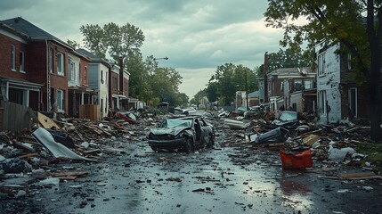 Obraz premium Calm residential area transformed into chaos, homes partially destroyed, trees uprooted, streets filled with debris, a vivid depiction of disaster aftermath
