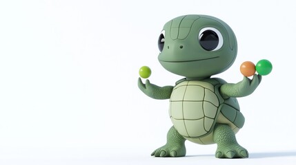 Obraz premium A cute, cartoonish turtle character juggling colorful balls, showcasing playfulness and fun.