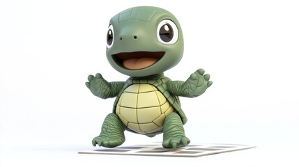 A cute, cartoonish turtle character with a big smile, standing on a grid background.