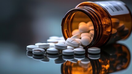 Closeup of Medication Bottles and Pills on Reflective Surface