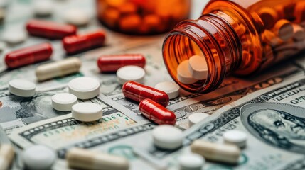 Opioid Crisis and Prescription Drug Addiction Epidemic Concept with Medications and Cash