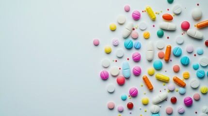 Assortment of Colorful Pharmaceutical Capsules and Tablets on Bright Background