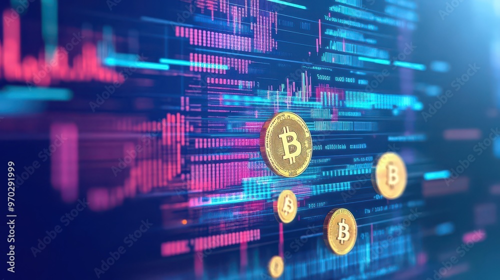 Aufkleber An abstract visual of digital investments, where code is merging with gold coins and cryptocurrency symbols, forming a dynamic, evolving financial network