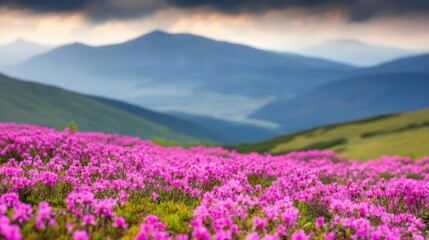 Obraz premium Vibrant pink flowers blanket the ground, set against a backdrop of majestic mountains under a dramatic sky at dusk