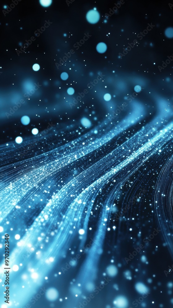 Poster dynamic blue light trails weave through a dark backdrop, creating a sense of depth and movement with