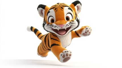 A playful cartoon tiger character with a joyful expression, depicted in mid-leap.