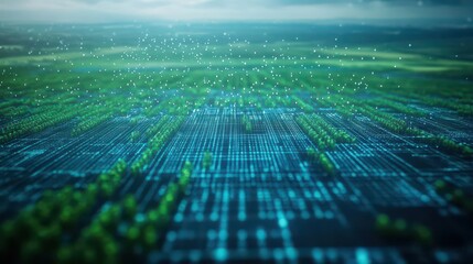 An aerial view of a sprawling technological landscape, where drops of rain fall onto cybernetic crops, each drop creating waves of code