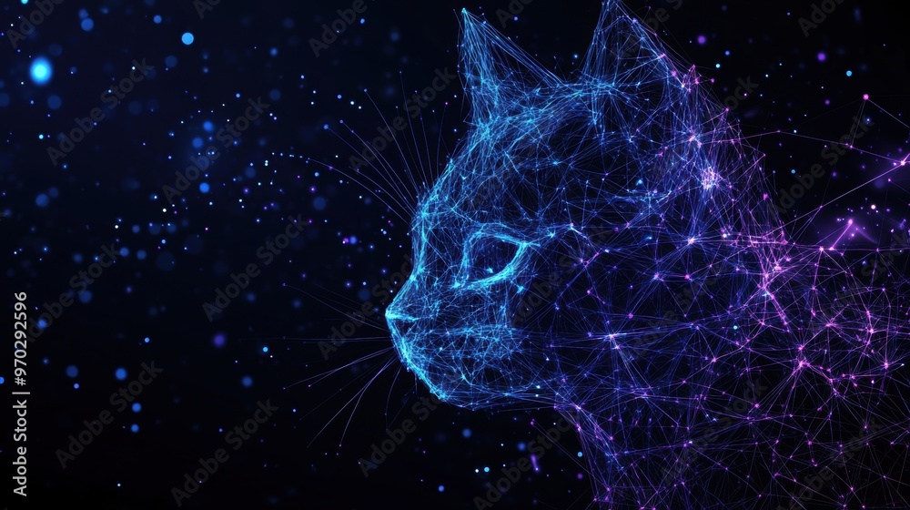 Poster a colorful cat depicted within an abstract digital data grid, illuminated by vibrant visual elements