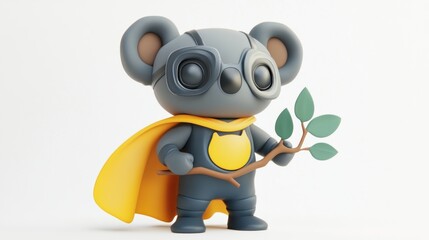 A stylized koala character in a superhero outfit, holding a branch with leaves.